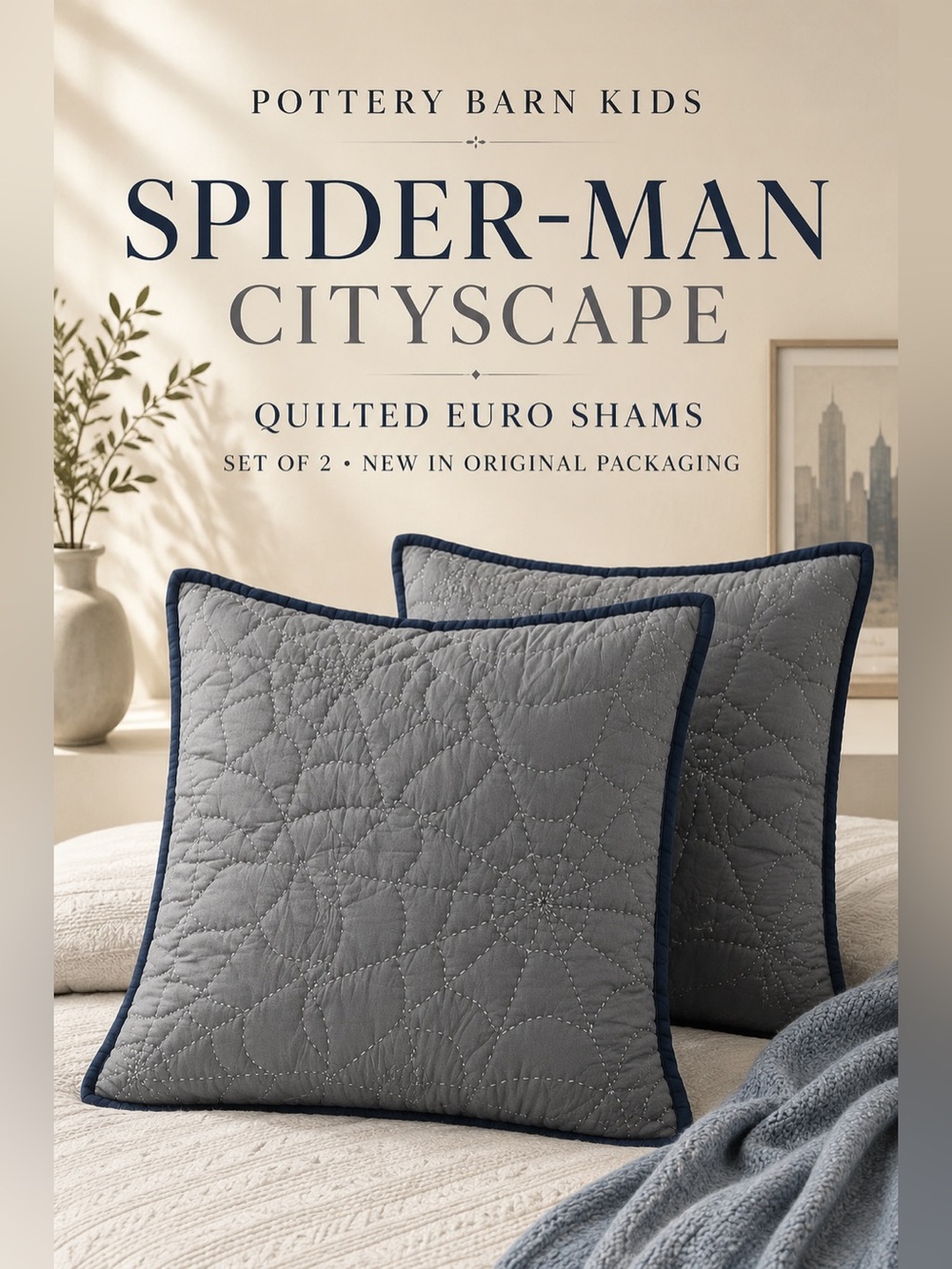Pottery Barn Kids Spider-Man Cityscape Quilted Euro Shams Set of 2